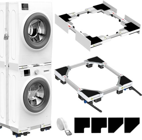 NIUXX Universal Zwischenbaurahmen mit Wäscheleine und Waschmaschinenbasis für Waschmaschinen, Roller Transportroller mit Einstellbare Bremsen, Verbindungsrahmen mit Ratschenseil, Einstellbare Größe