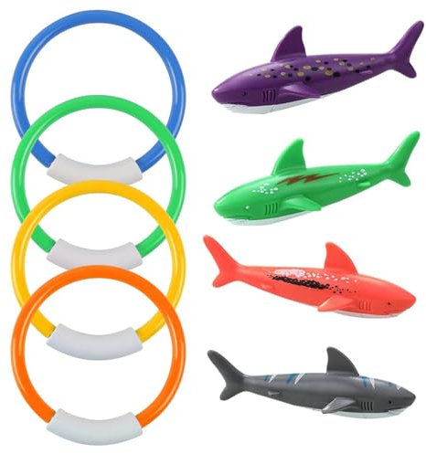Anillos de buceo y juguetes acuáticos con forma de tiburón, 8 piezas de plástico liso, sin borrones, para niños, perfectos para juegos de piscina, entrenamiento de buceo y actividades submarinas
