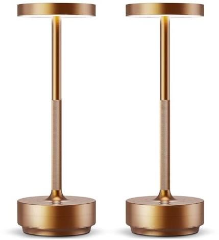 HYMZP Lámpara de Mesa LED Recargable, 3 Colores de Luz con Regulación Continua, IP54 Impermeable, Batería 5000mAh, Diseño Metálico Moderno, con Función de Memoria para Interior y Exterior (2x Bronce)