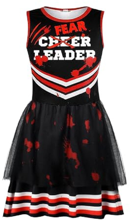 NebulaGlam Costume Cheerleader Halloween, Costume Zombie Bambina, Abito Zombie Bambina con Abito da Cheerleader, Pompon e Calzini Alti, per Carnevale,Carnevali e Feste a Tema,Halloween (XL)