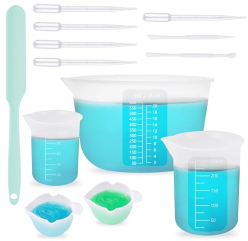 3 Pièces Mesurer en Silicone avec Gradué, 100ml/250ml/600ml Gobelet Doseur en Résine époxy, Réutilisable Verres Doseur Silicone avec Petits Bols de Mélange, Pipettes et Spatule pour, pour Bricolage, M