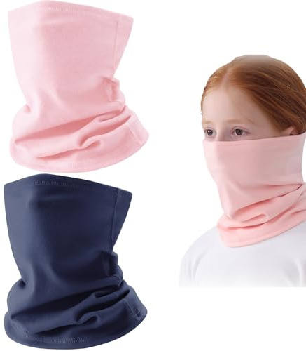 2PCS Kids Winter Fleece Snood Neck Warmer – Soft Windproof Micro Fleece Gaiter for Boys and Girls, Stretchy Outdoor Neck Tube for Skiing, Running & Cold Weather, Navy Blue & Pink