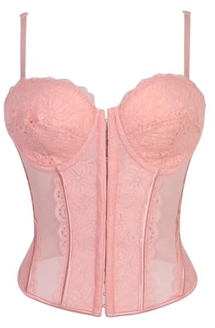 USOHJZ Blommig jacquard underbröstkorsett för kvinnor med elastisk midja och ribbor, bantning bustier, korsett, Rosa, L
