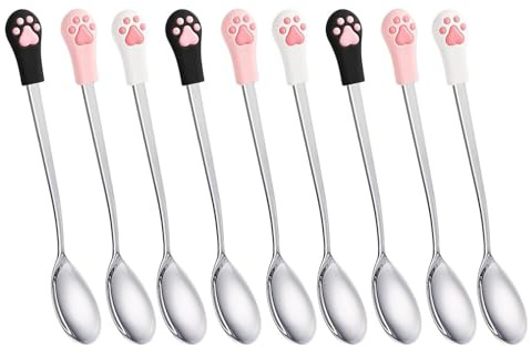ibasenice Cuillère à Nourriture pour Animaux 9 Pcs 15 Cm Lot de Cuillères Mignonnes Forme Patte en Fer-Blanc Coloris Noir, Rose et Blanc Adaptées pour Chats Ustensiles pour Nourrir Aliments