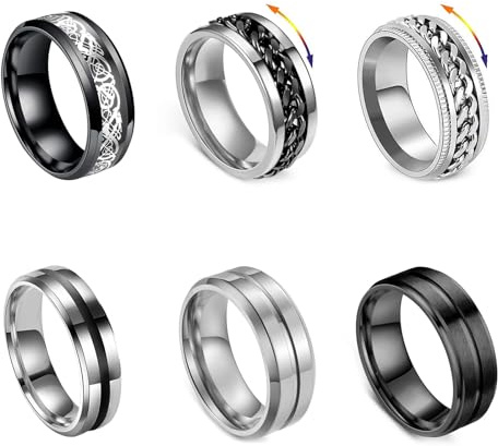 Hernin 6 piezas de acero inoxidable anillo para hombre Anillos antiestrés de acero inoxidable conjunto de hombres anillos spinner boda prometida
