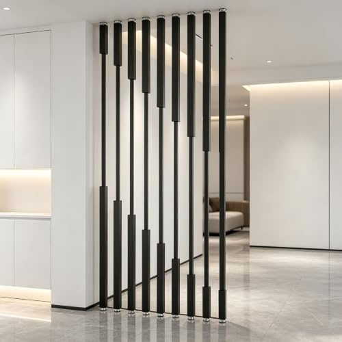 Rumsavdelare 8 Stolpar Skärmvägg Golv-Tak Metall Pelare Decor | Rumsavdelare Skärmvägg 8-pack Metallstolpar Integritetsskärmar Kolonndekor för Vardagsrum(Black,170cm/66.9in)