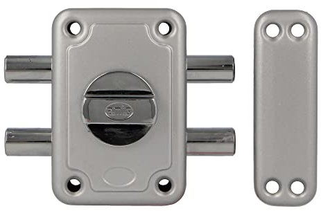 Amig - Cerradura de Sobreponer con 2 Bulones de Cierre y Muletilla Interior para Puertas de Madera Mod. 82-96 x 66 mm - Pestillo Con Cilindro Redondo de Seguridad - Acero Esmaltado Plata