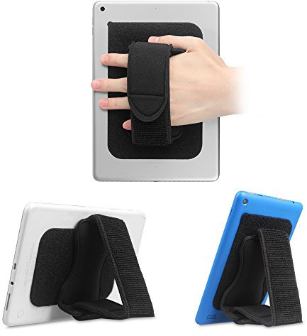 Fintie Handriemen-Halterung Universal Tablet [Doppelständer] Abnehmbarer, gepolsterter Klett-Griff mit Klebepatch für die Befestigung von Schlaufe für iPad/Samsung und alle 7-11 Tablets, Schwarz