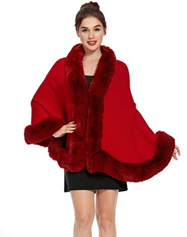 ZLYC Women Winter Faux Fur Shawl Stole Warm Wrap Cape (Red),One Size