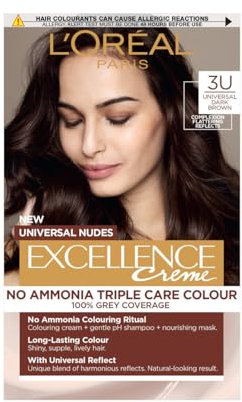 L'Oréal Excellence Nudes 3U Universal Dark Brown: 100% Grey Coverage, Flattering Reflect for All Hair Types. Achieve a natural-looking dark brown with a subtle, universal reflect that enhances.