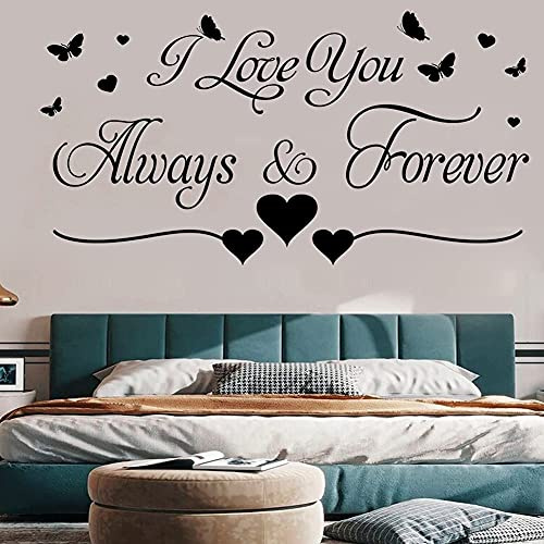 I Love You Always & Forever Wall Decals, Romantic Butterflies and Hearts Wall Stickers, Removable Vinyl Art Murals for Bedroom Living Room Wedding Home Decor