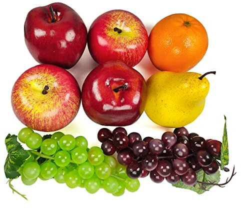 Laiiqi Künstliche Gefälschte Früchte, 8 Stück künstliche Obst-Mittelstücke Esstisch Dekorativ, lebensechtes Obst-Set enthalten gefälschte Äpfel, Traube, Orange, Birne, Schlangenfrucht
