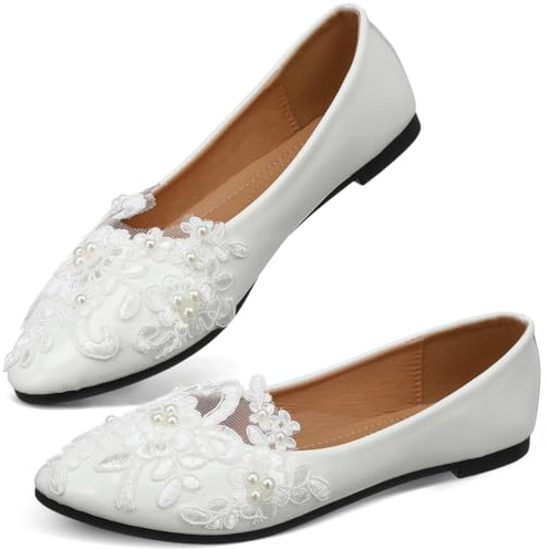 Happyyami Wedding Shoes Women Flat White Lace Pearl Handmade Bridal Flats Lightweight Slip-on Comfortable Ballet Pumps Size 6.5 Ideal for Wedding Party and Daily Wear