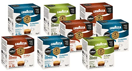 Lavazza, A Modo Mio, 128 Capsule Compostabili Caffè Gusti Assortiti, 8 Confezioni da 16 Capsule, 2 x ¡Tierra! for Planet, 3 x ¡Tierra! for Amazionia, 3 x ¡Tierra! for Africa