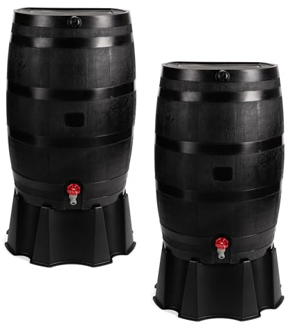 RTS Home Accents 551000802A8081 100% Polietileno Reciclado, Paquete de 2 barriles de Lluvia y Soporte de 50 galones con Soporte con Kit de Enlaces, Color Negro