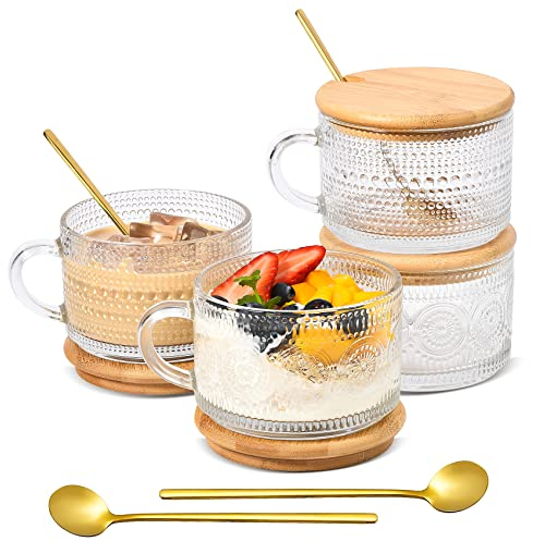 TIMIFTE Vintage Set of 4 Embossed Coffee Glasses, Overnight Oats Glasses with Bamboo Lid and Spoon, 400 ml Glass Latte Macchiato Glasses, Latte, Cereals, Yogurt, Drink, Clear