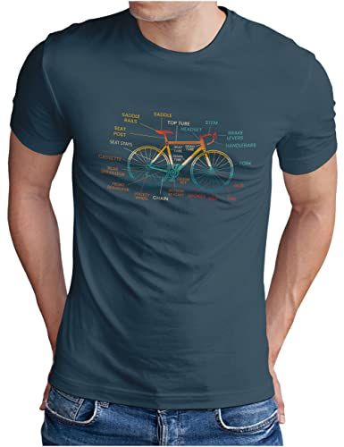 OM3® Fahrrad T-Shirt mit Teile Bezeichnungen - Herren - Bicycle Rennrad Bike Parts Radsport - Denim, M