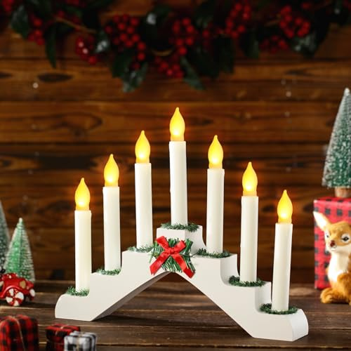 Bokon Swedish Candelabra 7 Flameless Candles Wooden Bridge Holder,White