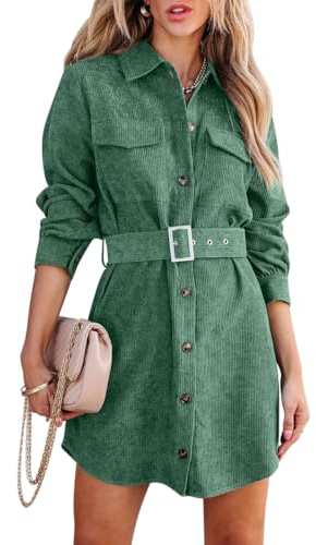 ORANDESIGNE Robe Femme Chic et Elegant Hiver en Velours Côtelé Mini Robe Chemise Décontracté Col V Manches Longues Veste sur Robe Blouse Chemisier Tunique avec Ceinture A Vert S