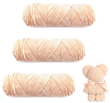 SacJkt Chenille Wolle, 3 Rolle Flauschige Weich Plüschwolle, Häkelgarn Wolle Zum Stricken & Häkeln, Perfekt für Kunsthandwerk (Beige)