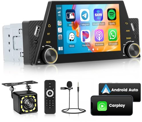 Hikity - 1 Din bilradio med Apple Carplay Android Auto, 5 tums pekskärm bilradio med skärm Bluetooth Mirror Link FM USB Type-C SWC backkameramikrofon
