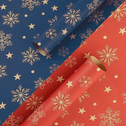 2 Rolle Geschenkpapier Weihnachten, 43cm x 15m Weihnachtsgeschenkpapier, Wrapping Paper Schneeflockenmuster für Weihnachten, Geburtstage oder andere Feiertage (Rot und Blau)