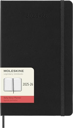 Moleskine Tageskalender 2025-2026, 18-Monats-Tagesplaner mit Hartem Einband und Gummiband, Großformat 13 x 21 cm, Schwarz