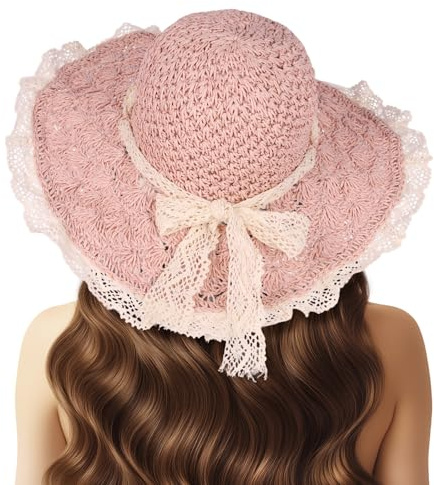 Cappello di paglia da donna con pizzo ragazza estate cappello da sole a tesa larga pieghevole spiaggia viaggio roll up cap elegante cappello di paglia all'uncinetto, rosa, Taglia unica
