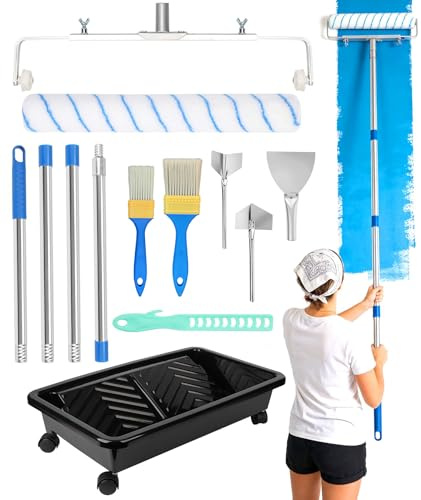 Qivine Kit Rullo per Vernice da 45 cm, Kit per Pittura da 13 Pezzi con 4 Asta Telescopica, Telaio Regolabile, Vaschetta con Ruote, Pennello, Spatola, Miscelatore, per Dipingere Pareti, Soffitti