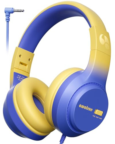 awatrue Cuffie per bambini, limitatore di volume 74/85/94 dB, cuffie sovrauricolari pieghevoli per viaggi, jack da 3,5 mm, cuffie per bambini per scuola, Chromebook, iPad, tablet, blu giallo