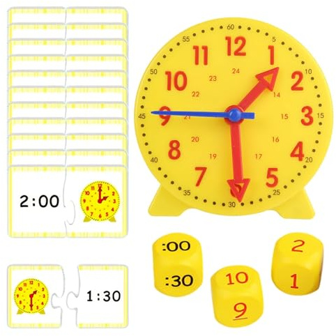 ZocRjvN Reloj de aprendizaje, 1 juego de reloj de aprendizaje a partir de 12 años, juegos educativos con 3 dados y 12 tarjetas de tiempo, reloj de aprendizaje de plástico amarillo para escuela