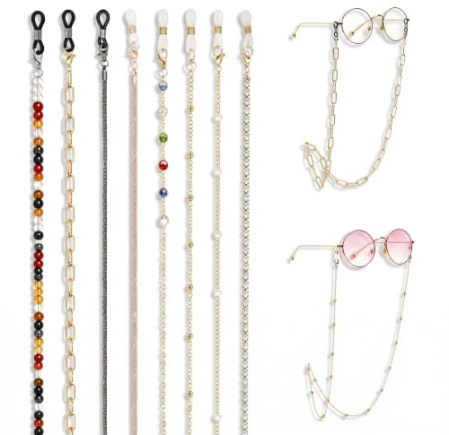 Piacolnic 8 Piezas Cadena para Gafas, Cadena de Gafas con Cuentas de Cristal y Lazos Ajustables, Cadenas de Anteojos de Metal para Mujer, Gafas de Sol y Lectura
