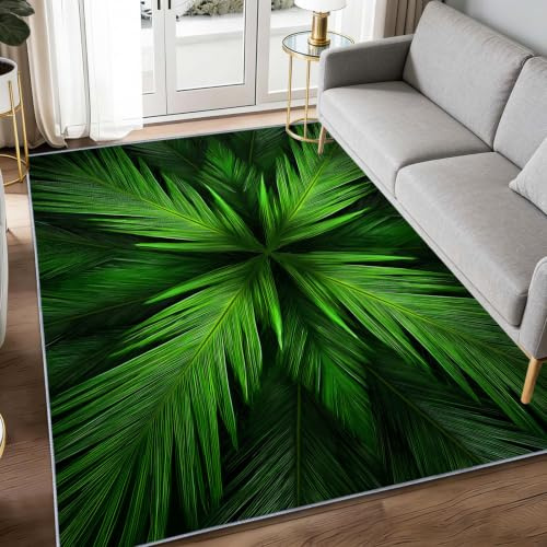 Alfombra botánica tropical de 80 x 150 cm, lavable, para salón, a rayas, hojas de palma, mullida, para dormitorio, habitación de los niños, alfombra de cama, sala de juegos, color verde musgo