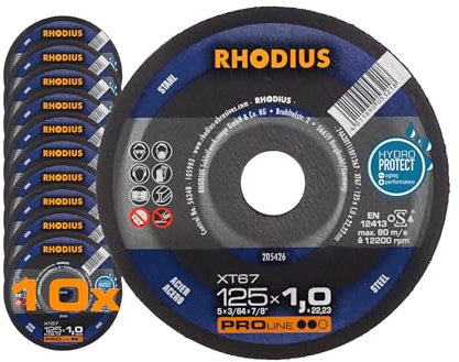 RHODIUS XT67 | 10 Stück Ø 125 mm x 1,0 mm | Trennscheibe Metall | Made in Germany | für Winkelschleifer, Stahl, Eisen, Hartmetall