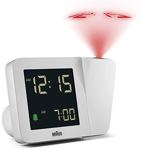 Braun Digital Projection Alarm Clock with 4 Backlight options, Negative LCD Display, Quick Set, Beep Alarm in White, model BC15W
