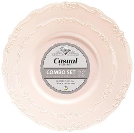 Decor Decorline - Set di piatti riutilizzabili da 40 pezzi - Rosa - Stoviglie vintage di alta qualità da collezione casual - Aspetto porcellana cinese - Servizio per tutte le occasioni e feste