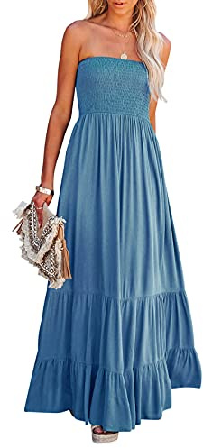 R.Vivimos Robe De Plage Boho Bretelle d’été Femme Haute Taille Volants A Ligne Maxi Robe Bandeau(S,Blue#2)