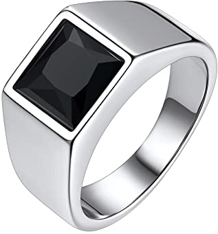 Bestyle Stainless Steel Men Signet Ring-8mm*8mm Black Onyx Pinky Band Ring-Classic Simple Plain Thick Men Band Ring, Hypoallergenic Stainless Steel Jewelry, Size 11