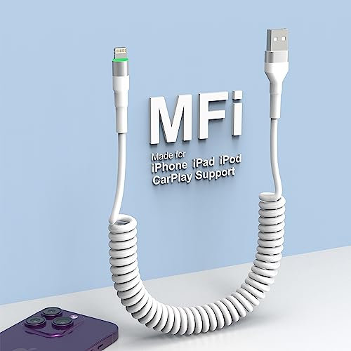 Spiralkabel USB auf Lightning Kabel MFi Zertifiziert, Kurz Apple CarPlay Kabel USB iPhone Ladekabel 27W Schnellladung mit Datenübertragung & LED für iPhone/iPad/iPod, Weiß