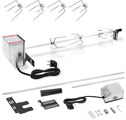 Jopassy Juego de brochetas para barbacoa, 107 cm, pincho giratorio eléctrico, motor de acero inoxidable de 220 V-240 V, con 4 agujas de carne, asador, carga de 10 kg, pincho para barbacoa de alta