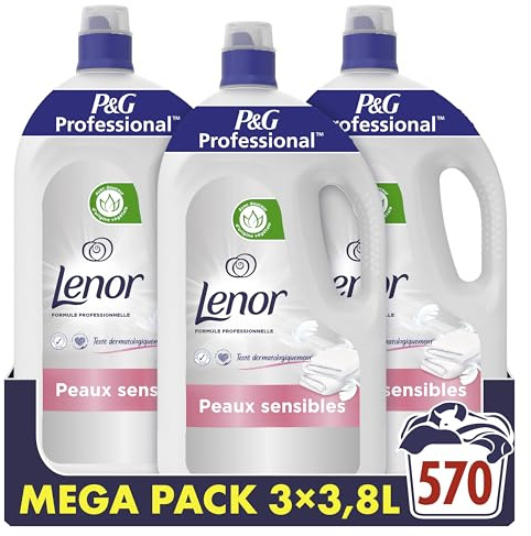 Lenor Professional Adoucissant Linge Liquide, 570 Lavages (3x3.8L), Peaux Sensibles, Fraîcheur et Douceur Irrésistible, Testé Dermatologiquement, Fabriqué en France
