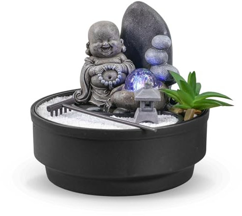 Fontaine d'Intérieur Jardin Zen, Statue Bouddha Amovible, Lumière LED Coloré, Décoration Ambiance Relaxant, Jardin Zen Sable Blanc, Fontaine de Table Circuit fermé, H21 cm - Sikhi Zen’Light