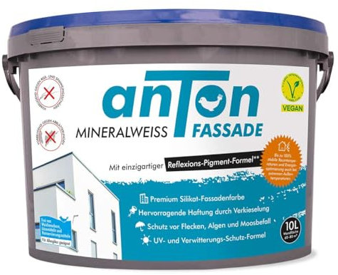Premium Fassadenfarbe | Silikat für außen | Direkt auf Altanstriche, Stein, Holz | Höchste Deckkraft | Weiß | 10Liter70-80m2 | Riss/Abblätterungs-Schutz | UV-Witterungsstabil
