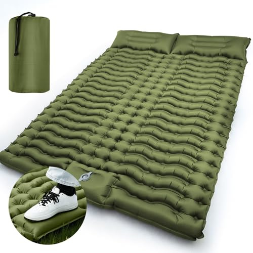 SOPPY Double Self-Inflating Camping Mat 10cm Thick - 2 Person Ultralight Sleeping Pad with Foot-Activated Pump, Waterproof Air Mattress for Couples Camping Hiking Backpacking - Olive Green