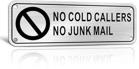 TAKULA No Junk Mail and Cold Caller Sign - 15 * 5cm Metal Sign for Front Door With Pre-drilled Holes and Adhesive Backing | 1 Pack