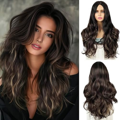 QUEENTAS Perruque Ombré Brun De 24 Pouces, Perruque Synthétique Résistante à La Chaleur Naturelle Longue Ondulée Pour Femmes (Brun)
