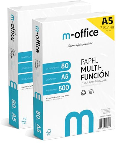 Pack de feuilles A5 80 g, 2 pack de 500 feuilles, papier multifonction pour imprimante jet d'encre et laser, feuilles A5 148 x 210 mm, idéales pour le bureau et la maison · m-office (1000 feuilles)