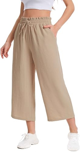 WUWUSKY Womens Capri Pants Wide Leg Trousers Elasticated High Waisted Summer Pants with Pocket,Khaki,L