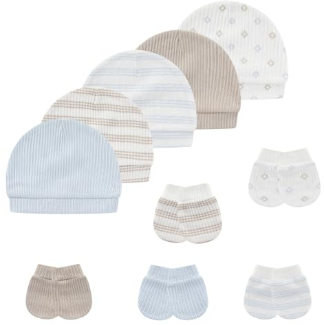 MAMIMAKA Newborn Baby Hats Mittens Set Cotton Beanie Caps and No Scratch Mitten Gloves for Baby Boy Girl, 0-6 Months