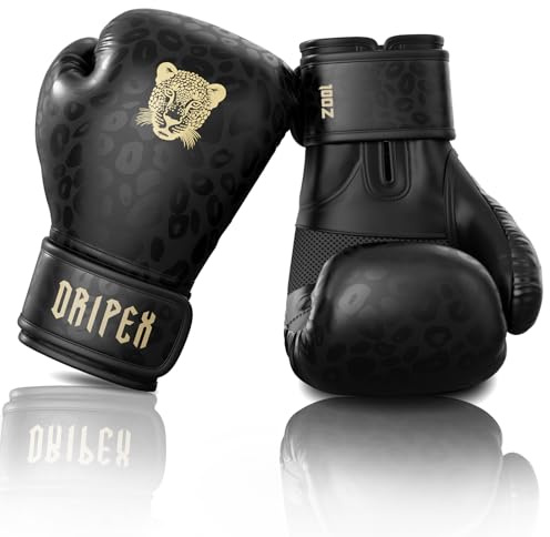 Dripex Guantes de Boxeo 10 oz, Guantes de Cuero para Entrenamiento de Boxeo, Guantes de Muay Thai Kickboxing MMA, Boxing Gloves para Hombres Mujeres Adultos y Jóvenes, Leopardo Dorado